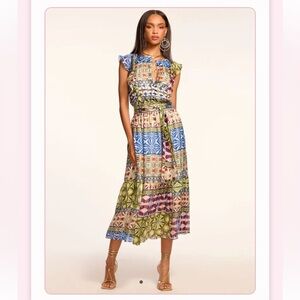 Ramy Brook Multi-Color Patchwork Midi Dress (Blue, Green, Pink, Cream)